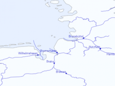 Das Bild zeigt einen Kartenausschnitt mit der deutschen Nordseeküste und den deutschen Seehäfen aus dem Atlas Seeverkehrsstatistik