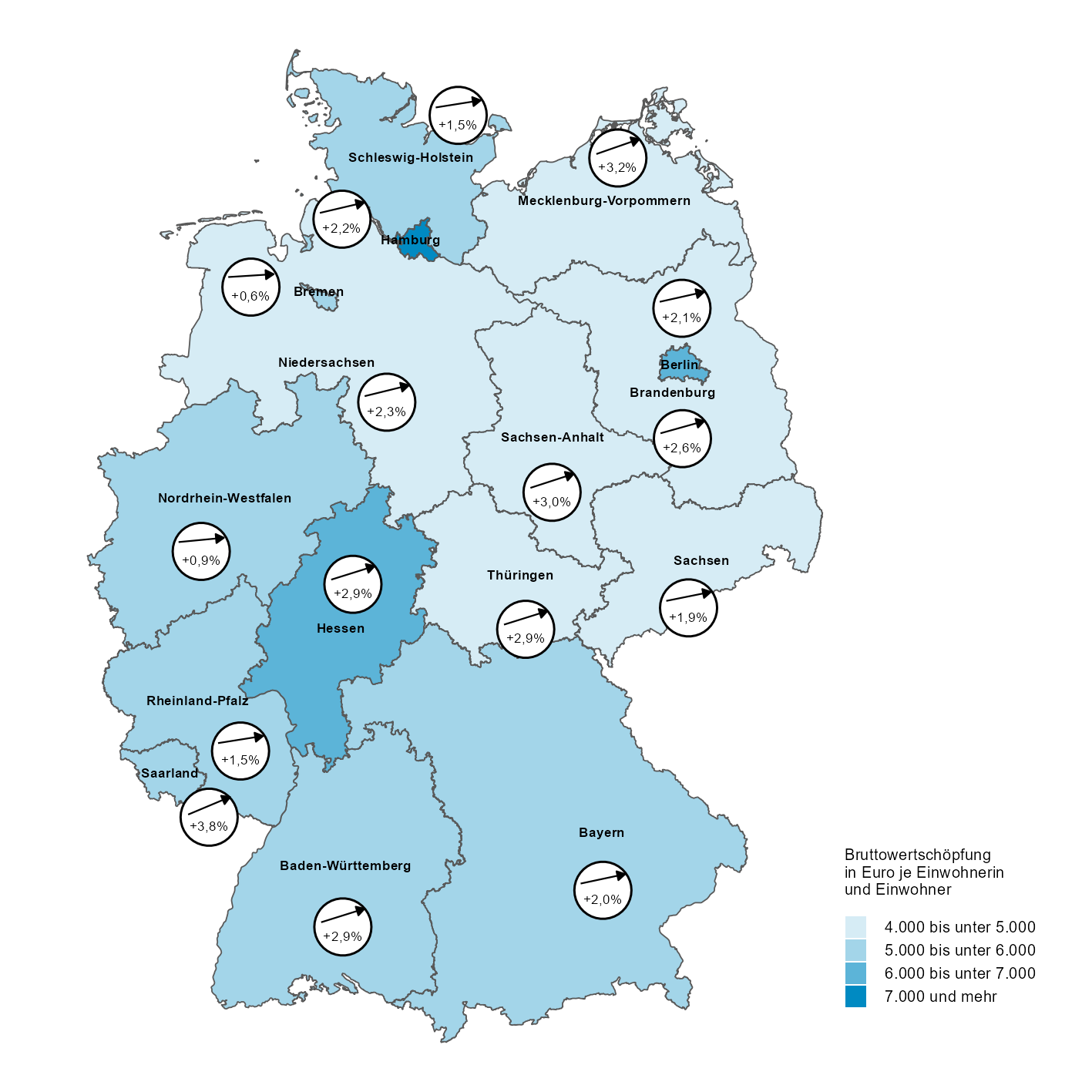 Die Grafik zeigt eine Karte zur Bruttowertschöpfung in jeweiligen Preisen der Gesundheitswirtschaft in den Ländern 2025 sowie die Vorjahresveränderung.