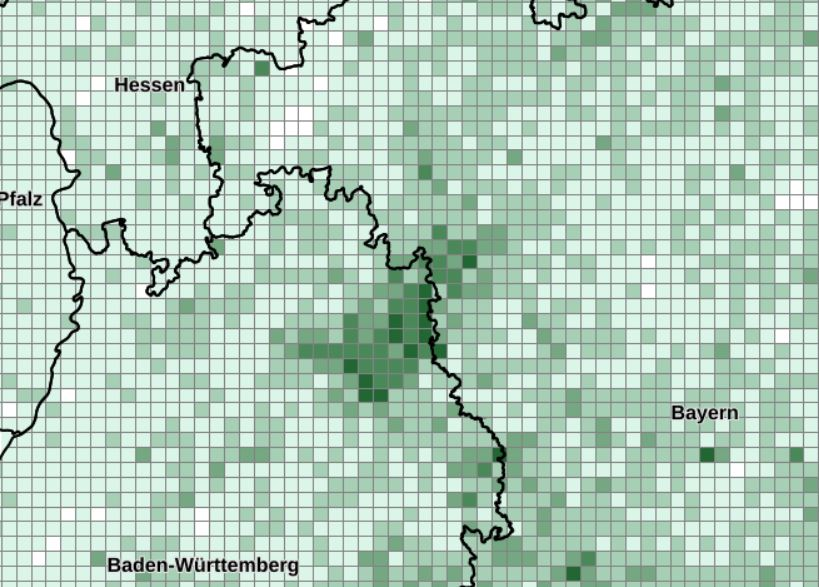 Das Bild zeigt einen Kartenausschnitt mit Gitterzellen aus dem Agraratlas