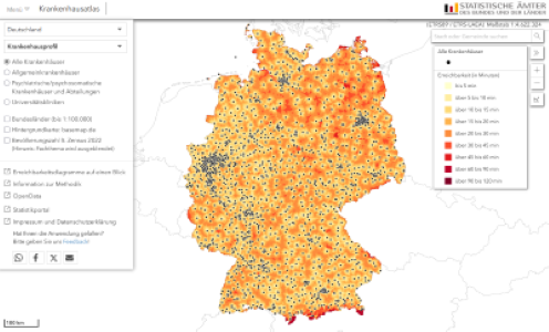 Der interaktive Krankenhausatlas zeigt die Erreichbarkeit von Krankenhäusern – auch nach verschiedenen Fachgebieten – für jeden Standort in Deutschland.