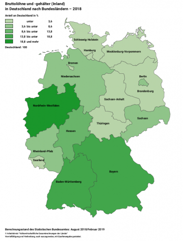Bruttolöhne und -gehälter (Inland) 2018 in Deutschland nach Bundesländern