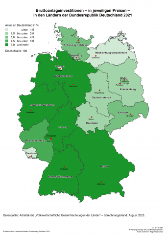 Bruttoanlageinvestitionen 2021 - in jeweiligen Preisen - in Deutschland nach Bundesländern