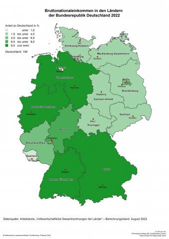 Bruttonationaleinkommen 2022 in Deutschland nach Bundesländern