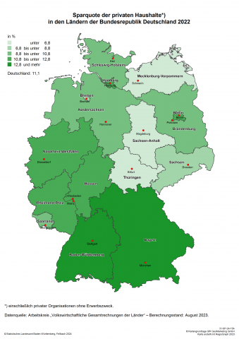 Sparquote der privaten Haushalte 2022 in Deutschland nach Bundesländern