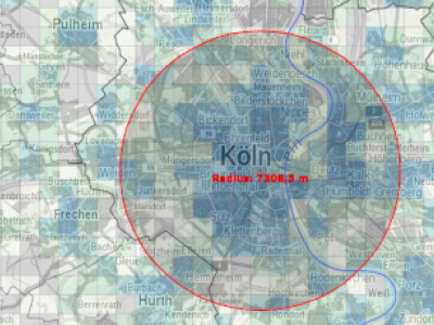 Das Bild zeigt einen Kartenausschnitt mit der Stadt Köln aus dem Zensus-Atlas 