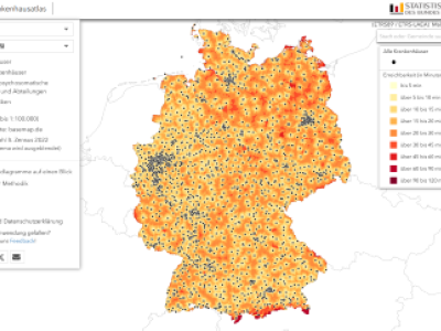 Der interaktive Krankenhausatlas zeigt die Erreichbarkeit von Krankenhäusern – auch nach verschiedenen Fachgebieten – für jeden Standort in Deutschland.